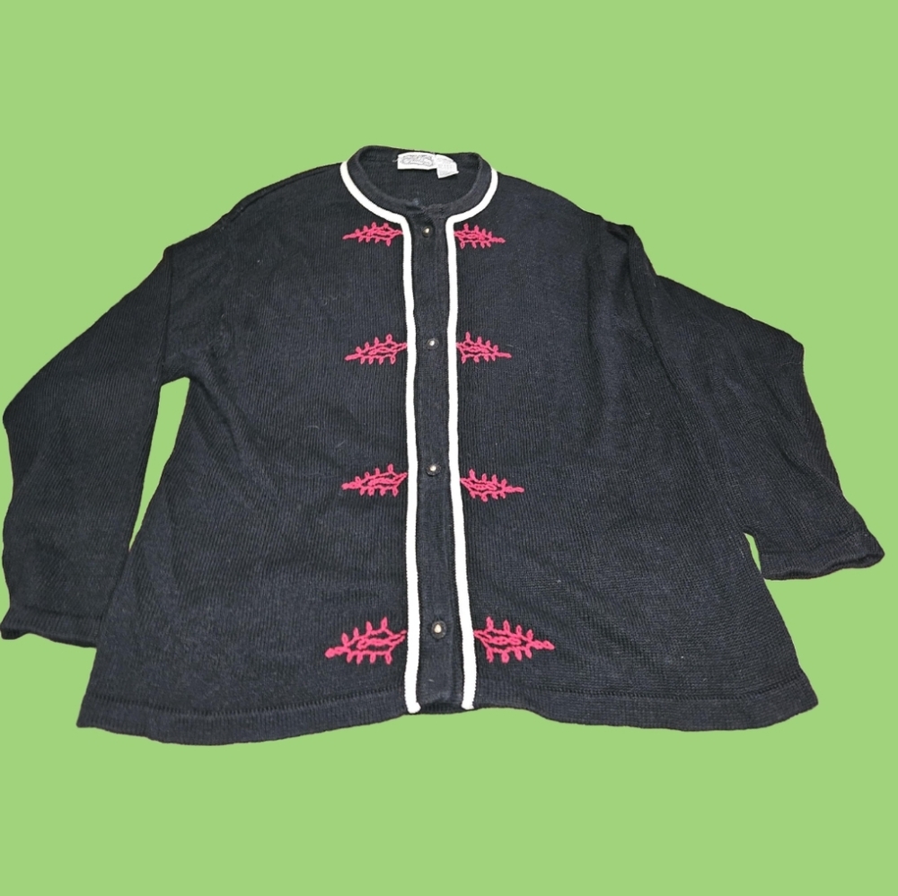#038 The Villager- Black Button-up Cardigan w Red,White details- Sz. Large